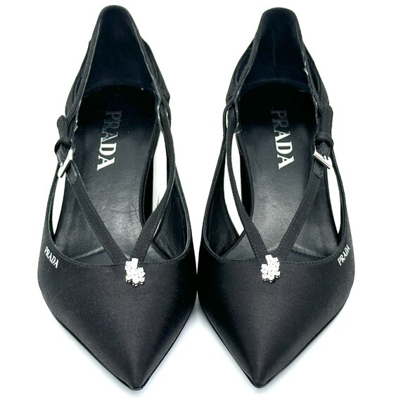 PRADA Pointed Toe Cutout Cut Out Block Heel Crystal Satin Leather Pumps - Picture 8 of 16